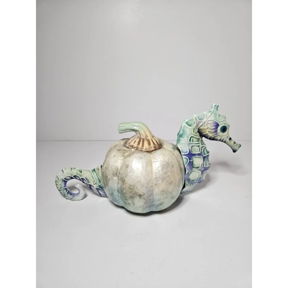 Coastal Seahorse Pumpkin Figurine Nautical Beach Halloween Fall Decor Iridescent